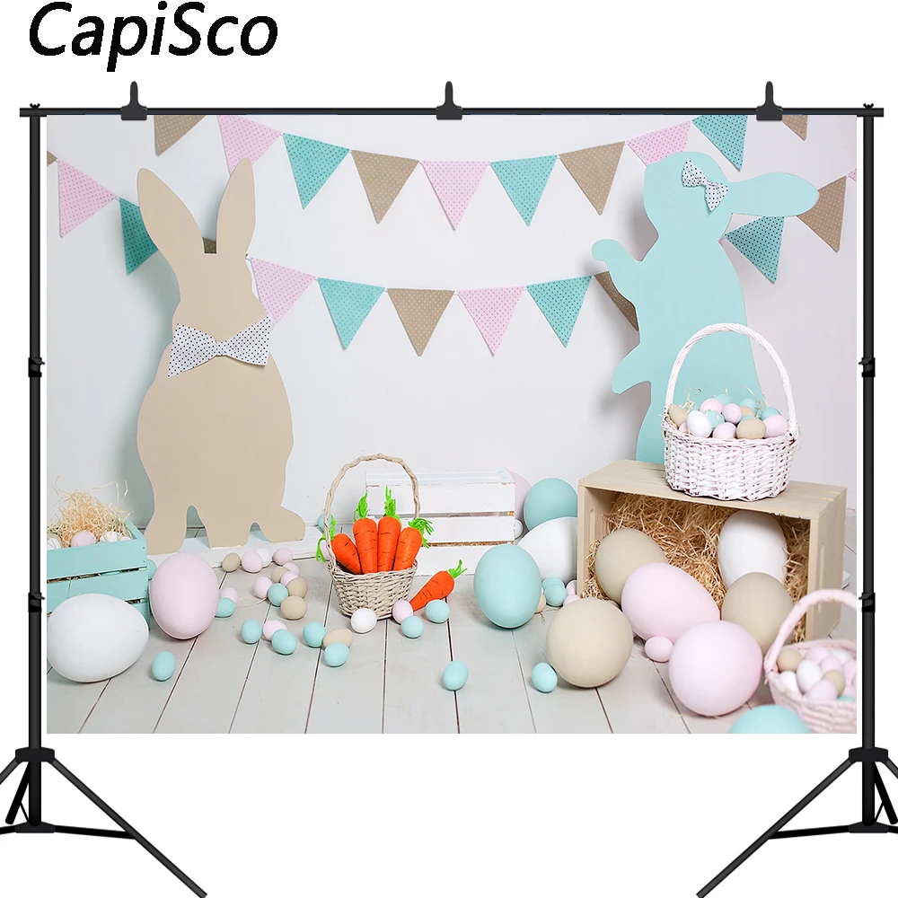 

Capisco Happy Easter Indoor Scene Photography Backdrop Egg carrot Bunny Rabbit Wooden Background Party Decor Banner Photo Booth