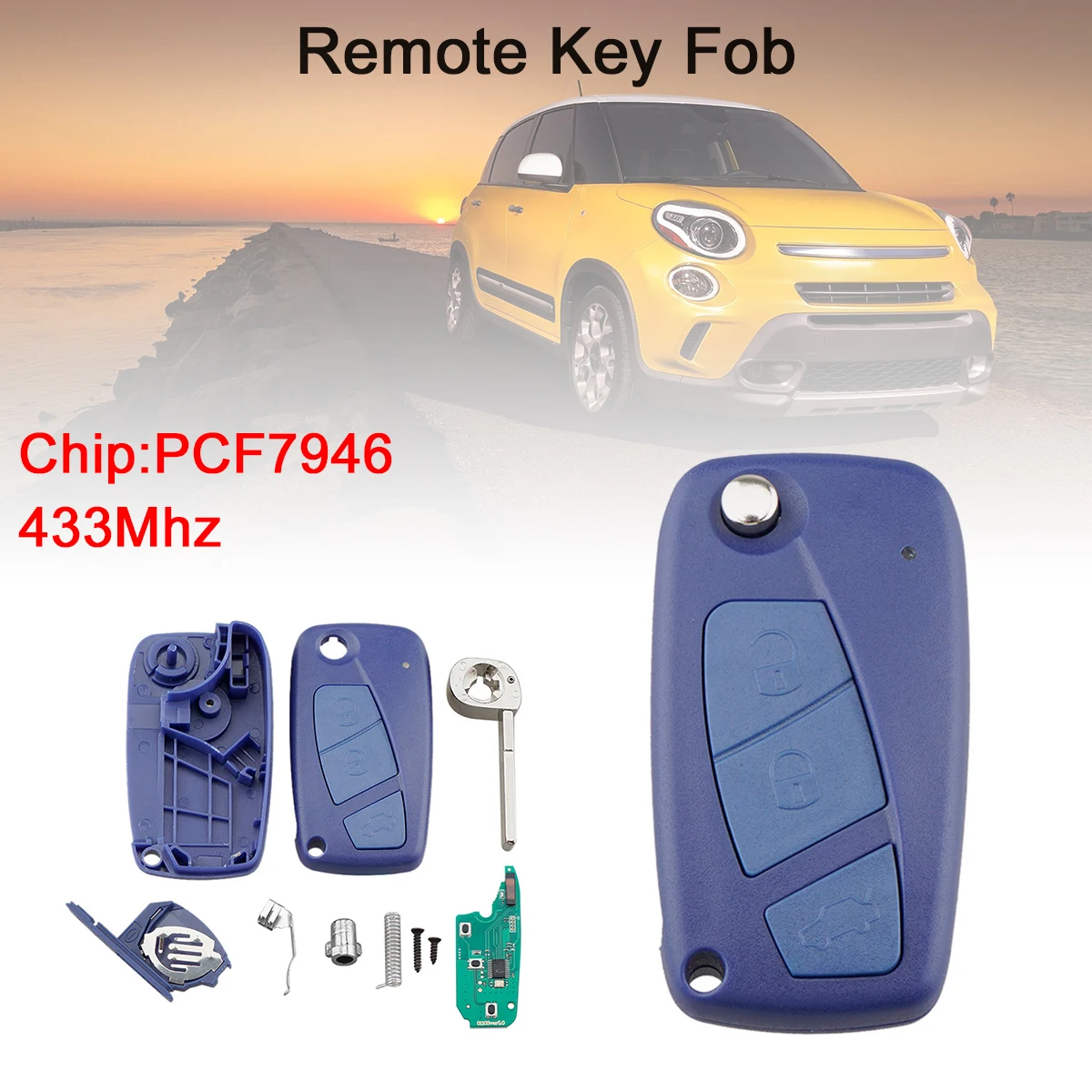 

1pcs Durable 433Mhz 3 Button Flip Blue Car Remote Key Fob with PCF7946 Chip and Uncut Blade fit for Fiat 500 Panda Punto Bravo