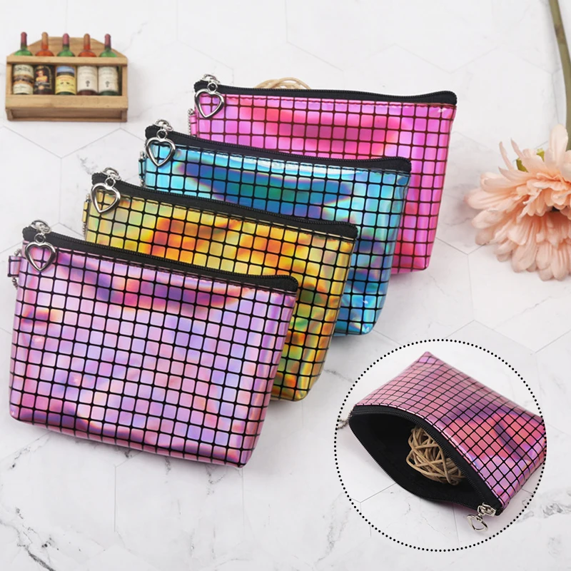 

Women Grid laser Fashion Blocking Zipper Wallet Travel Journey Bank Credit Card Holder Organizer Small Coin Purse Bag Case