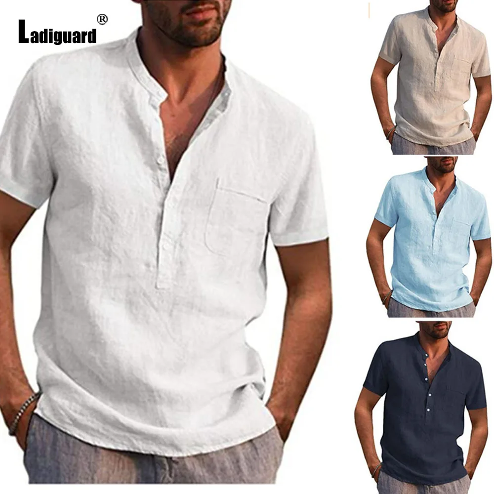 2021 Plus Size 3xl Mens Linen Shirt White Gray Blouses Summer New Patchwork Button Tops Casual Pullovers Sexy Male Shirt blusas