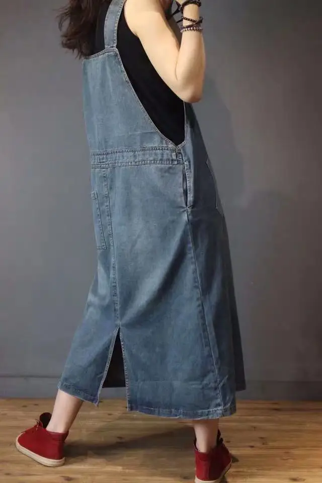 

IEQJ Women Vintage Do Old Suspender Dress New Round Neck Long Sleeve Blue Denim Fashion Tide Spring Autumn 2021 8P236