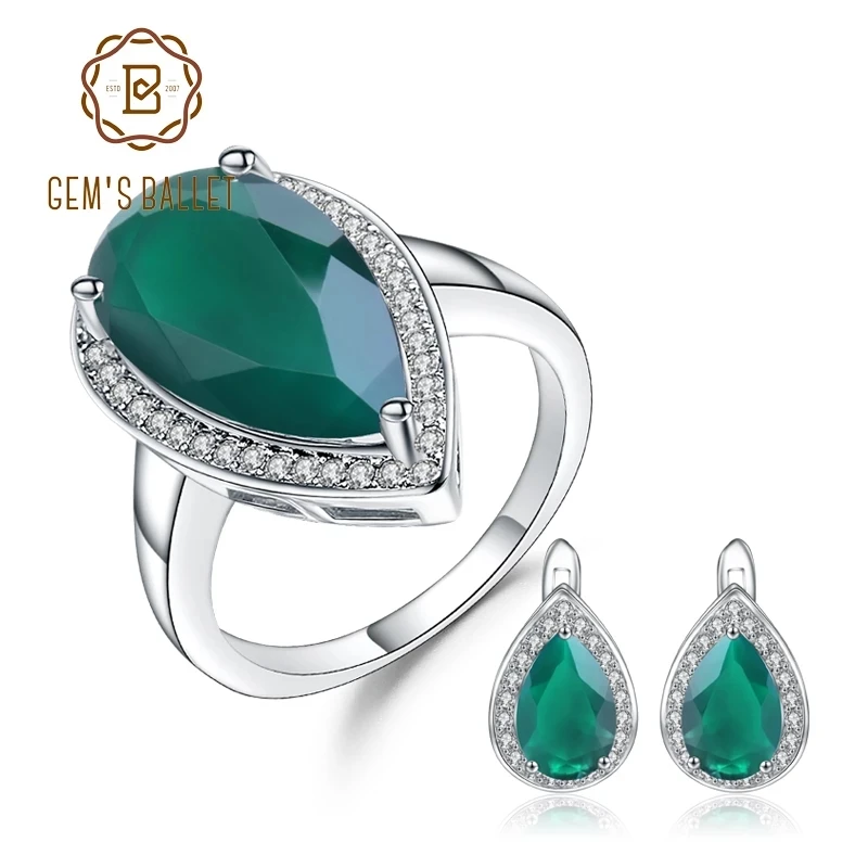 GEM'S BALLET-pendientes de ágata verde Natural para mujer, conjunto de anillos de plata de ley 925 auténtica, gota de agua, conjunto de joyas de piedras preciosas Vintage para mujer