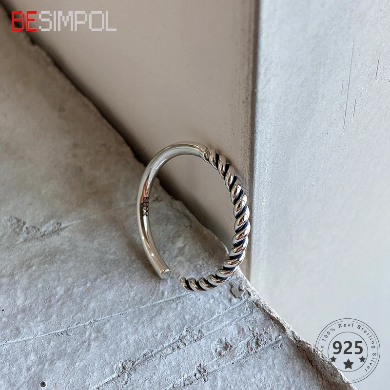 

Besimpol 925 Sterling Silver Ring Minimalist Style Braided Twisted Line Fashion Adjustable Rings For Women Luxury Jewelry Gift