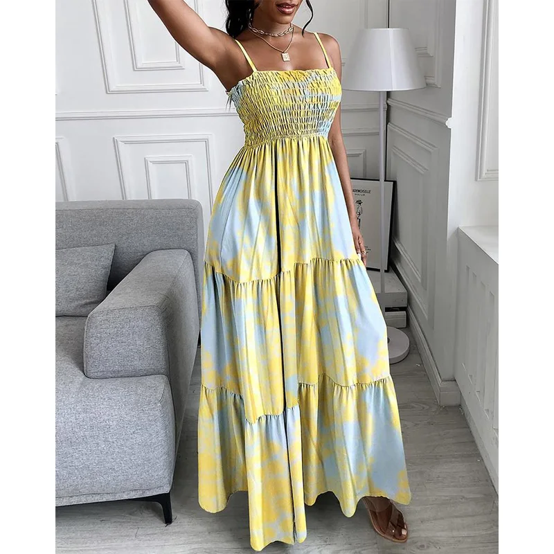 

Elegant Casual Women Loose fit Floral Maxi Dresses Lady Ruhced Spaghetti Strap Long Dress
