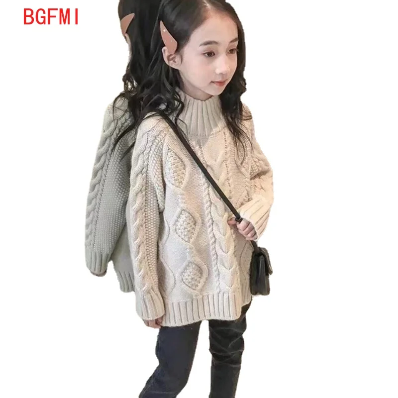 

110-160cm Girls Sweater New Korean Children's Teenager Loose Spring Autumn Knitting Thick Line Girl Foreign Style Twist Braid