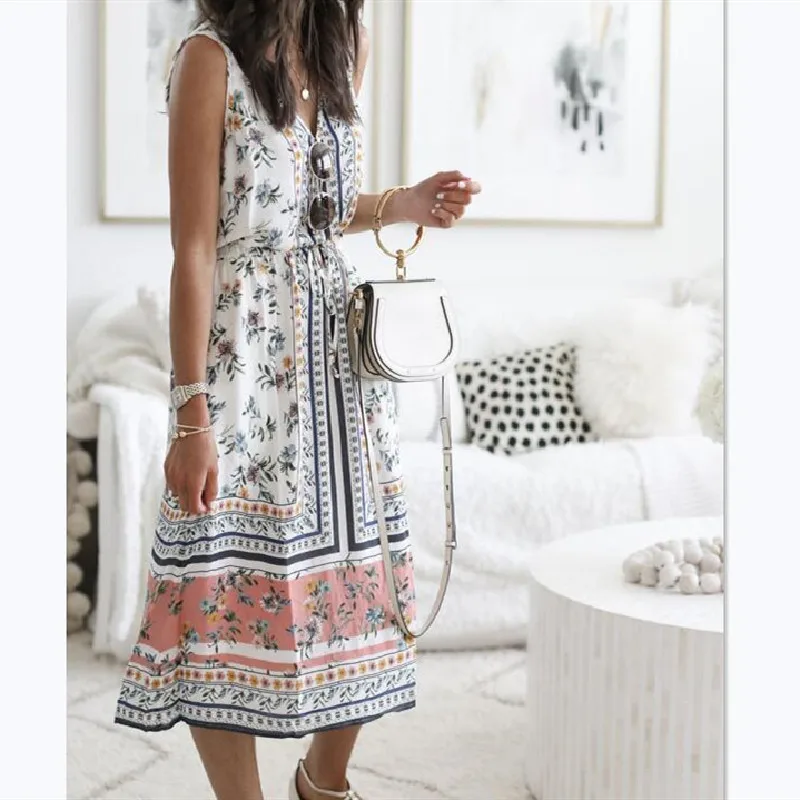 

Bohemian Fashion Women Print Maxi Dress 2020 Summer Casual V-neck Sleeveless Loose Dress