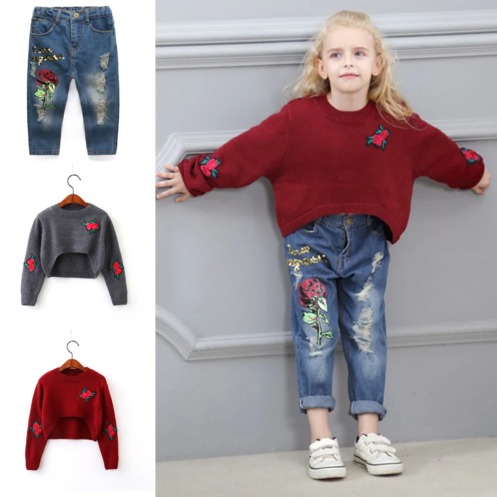 Модный костюм для девочек свитер с розой + джинсы штаны цветочным принтом детская