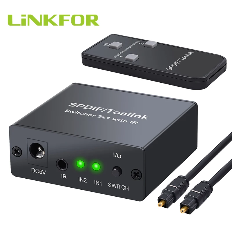 

LiNKFOR SPDIF/Toslink Switcher 2x1 with IR Remote Control Optical SPDFI Toslink Switch Two Input One Output Support LPCM2.0 DTS