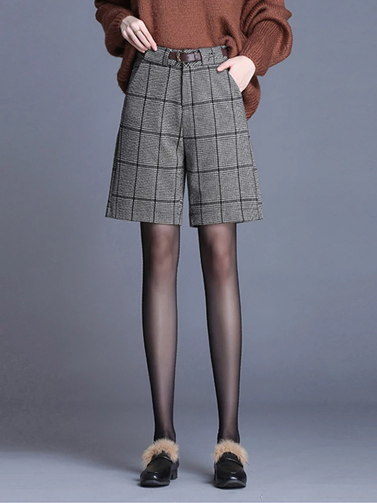 Женские шерстяные шорты свободного покроя с высокой талией клетчатые большого