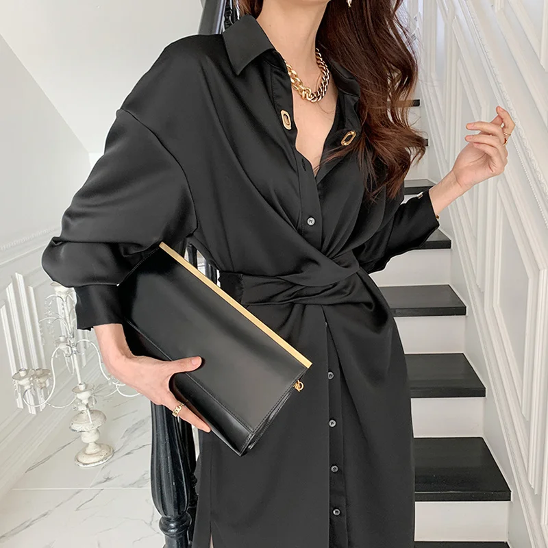 

Korean Chic Dress French Elegant Lapel Single Breasted Cross Tie Waist Long Lantern Sleeve Shirt Dress Big Shirt Dress 2021 New