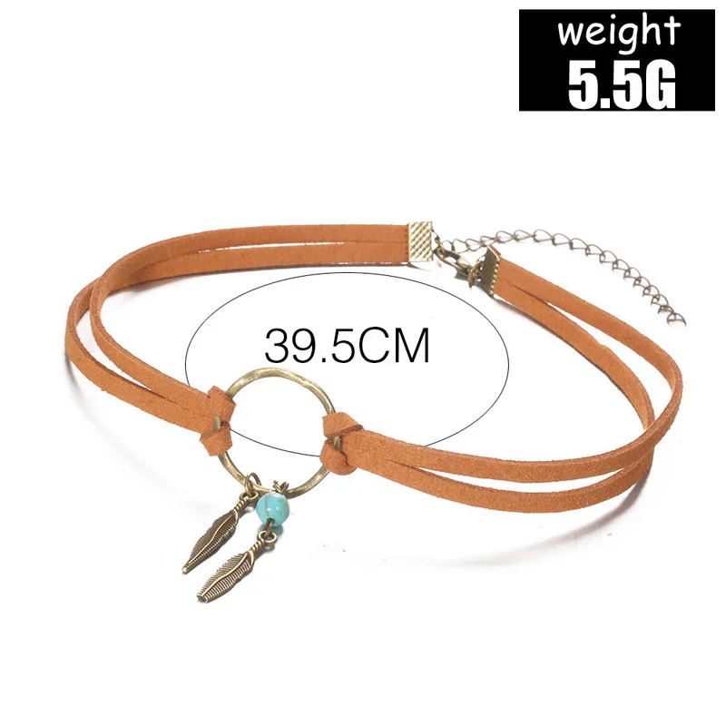 

Bronze Leaf Leather Geometric Round Pendant Retro Alloy Feather Leather Necklace for Women