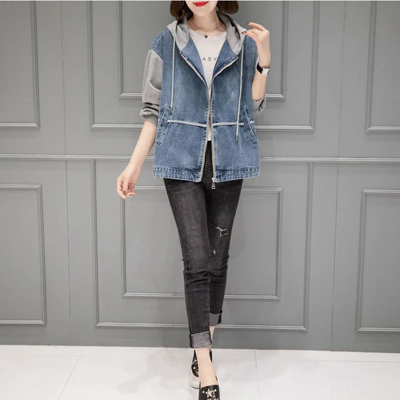 

Patchwork Hooded Denim Jacket Women Spring Autumn Korean Loose Zipper Jean Jacket Plus Size Casual Contrast Color Outerwear Tops