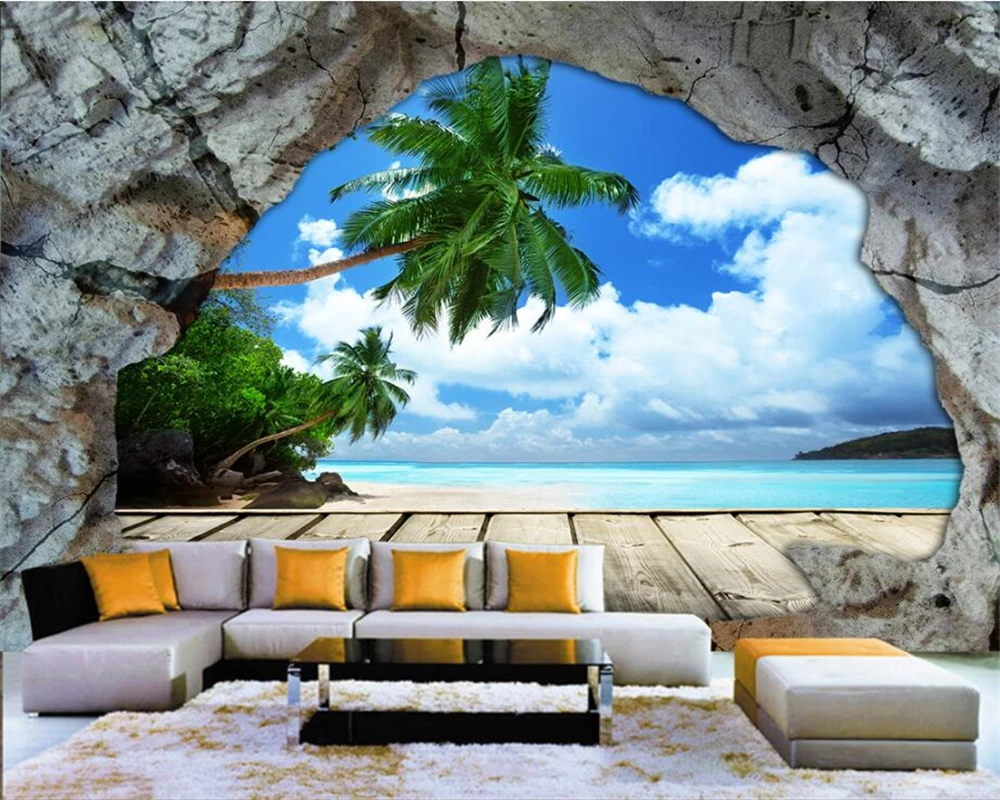 

Drop Shipping Custom Wallpaper Wall Cave Stone Wall Beach Sea View Stereo Large TV Sofa Background Wall Mural Photo 3d Wallpaper