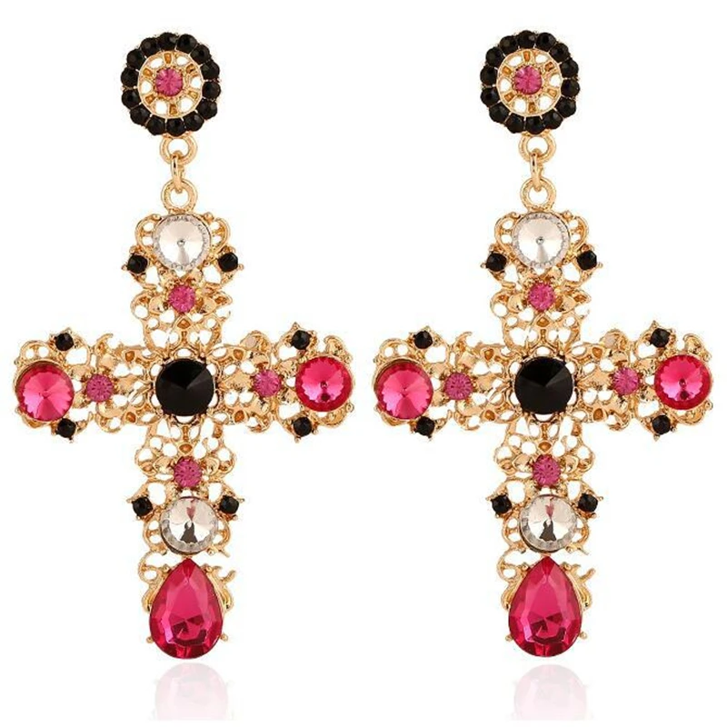 

New Fashion Retro Black Pink Crystal Cross Drop Earrings for Women Baroque Bohemian Large Long Earrings Vintage Jewelry Brincos