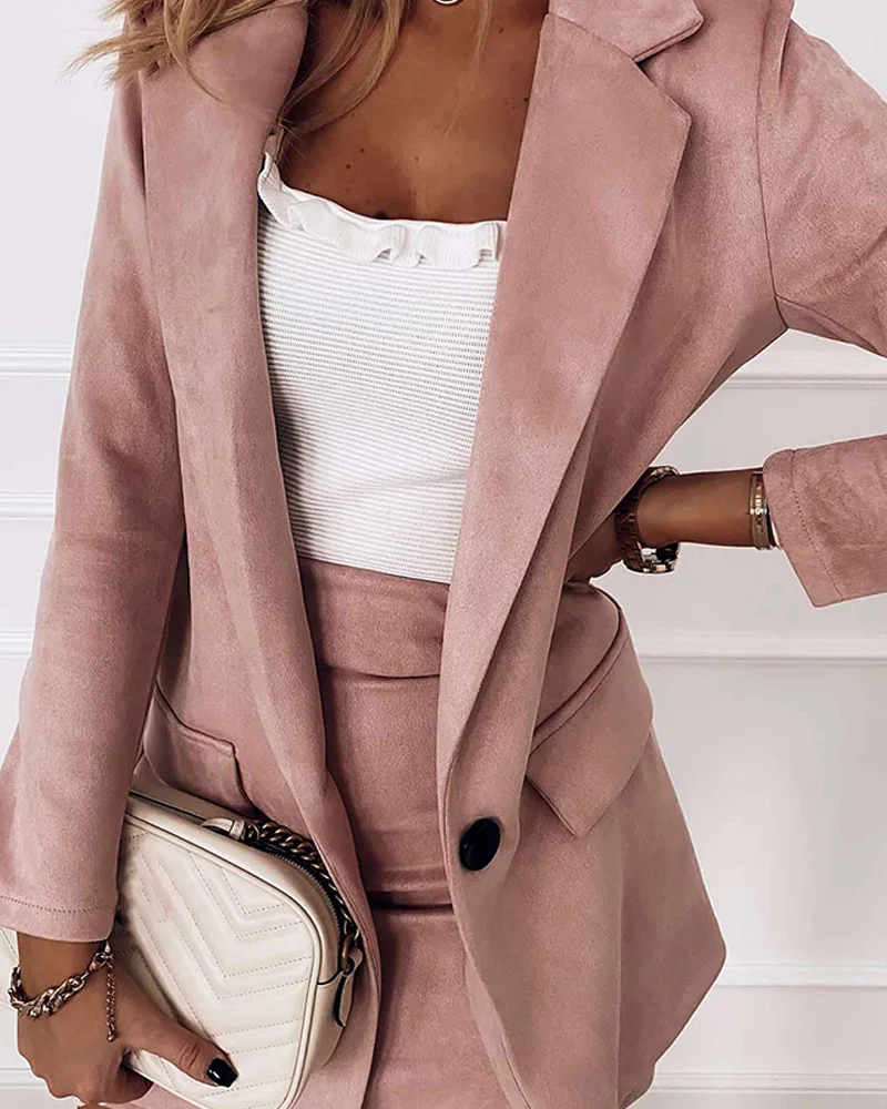 

Spring Autumn Plain Pocket Design Blazer Coat & Skirt Set 2 Piece Office Lady Jacket Skirt Suits Sold Separately Women