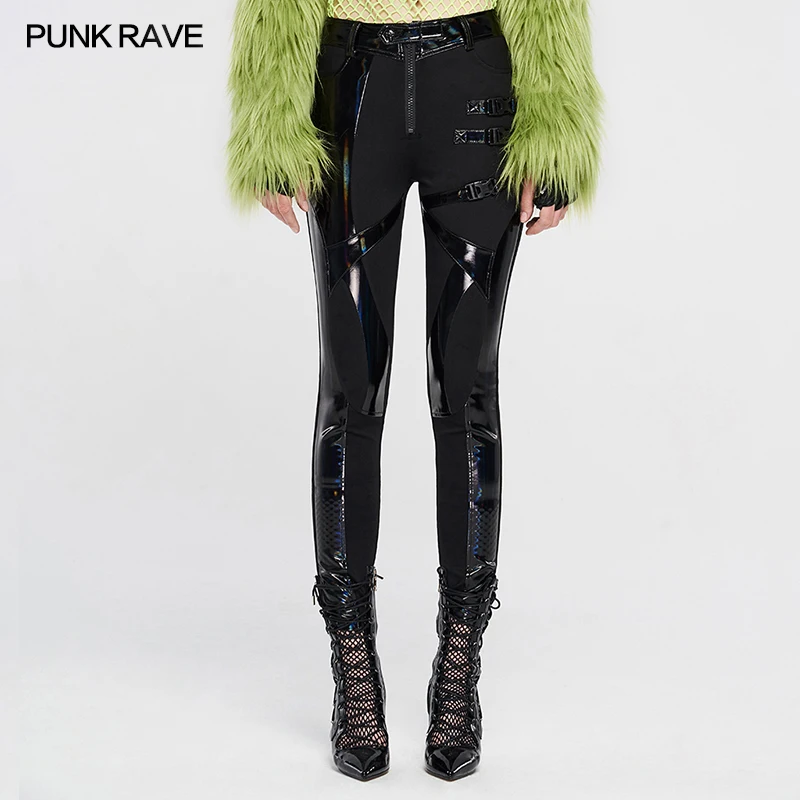 

Женские обтягивающие трикотажные брюки в стиле панк, готические брюки из искусственной лакированной кожи в стиле пэчворк