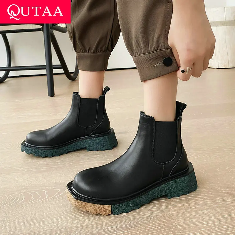 

QUTAA 2022 Mixed Color Round Toe Ankle Boots Cow Leather Slip On Women Shoes Square Med Heel Fashion Short Boots Size 34-39