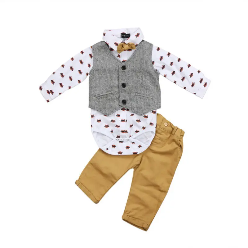 

4PCS Newborn Baby Boy Clothes Gentleman Formal Suit + Waistcoat + Long Pants + Bow Tie Tuxedo Autumn Clothes Outfit Set 0-24M