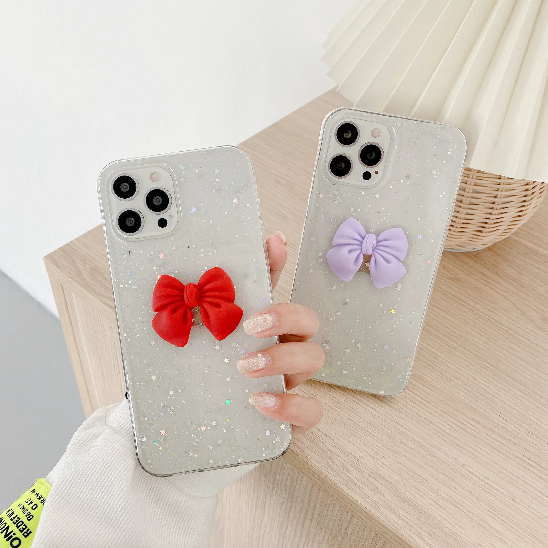 

2021 new model is FOR Samsung S21 mobile phone case simple bow note20 A51 transparent glitter powder glue dropping