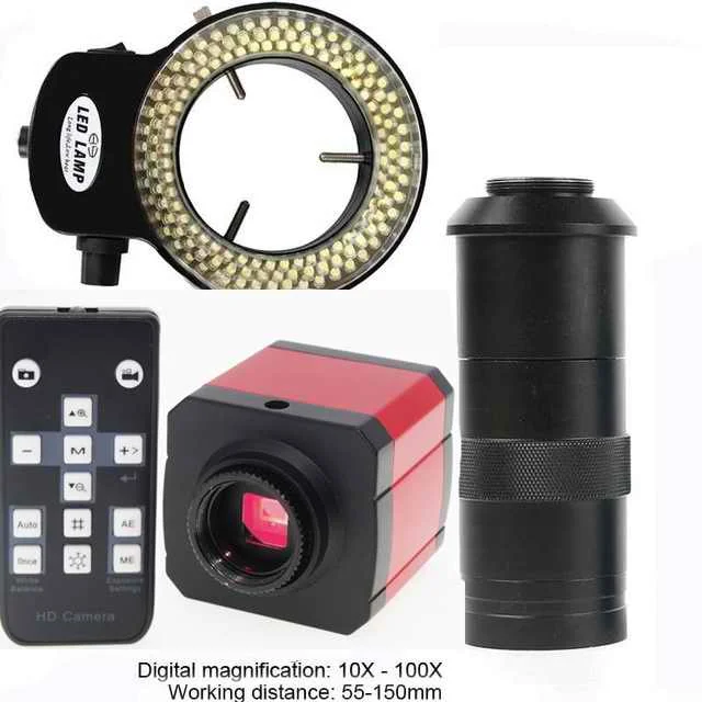 100X with Light Lens 24MP 1080P 60FPS HD HDMI USB промышленный лабораторный микроскоп Видео камера TF слот для карт C-Mount объектив 144 светодиодный кольцевой свет - Цвет: 100X with Light Lens