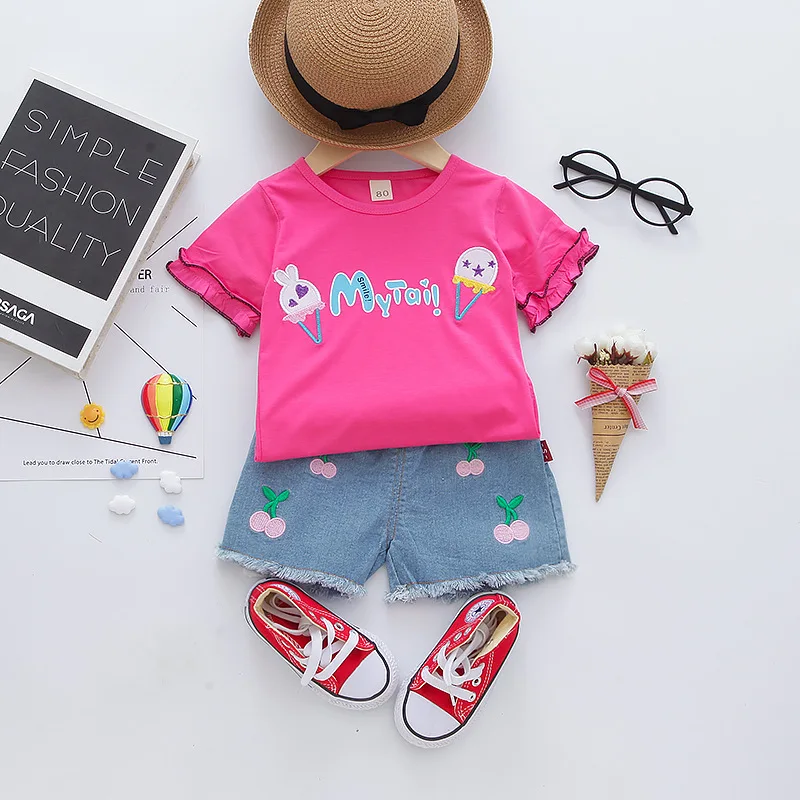 Комплект летней одежды для девочек Новый Модный хлопковый комплект из 2