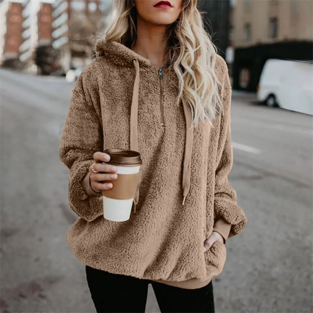 Warm Wool Coat Women Hooded Sweatshirt Winter Zipper Pockets Cotton Outwear Plush Casual Long Sleeve Hoodies sudaderas | Женская одежда