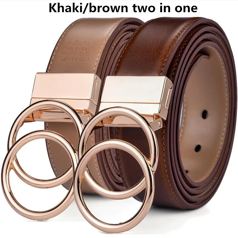 oo-Light Br Khaki Beltox мужской кожаный ремень 1," Реверсивный 2 в 1 вращается 2 кольца Золотая Пряжка ремни для женщин и мужчин - Цвет: oo-Light Br Khaki