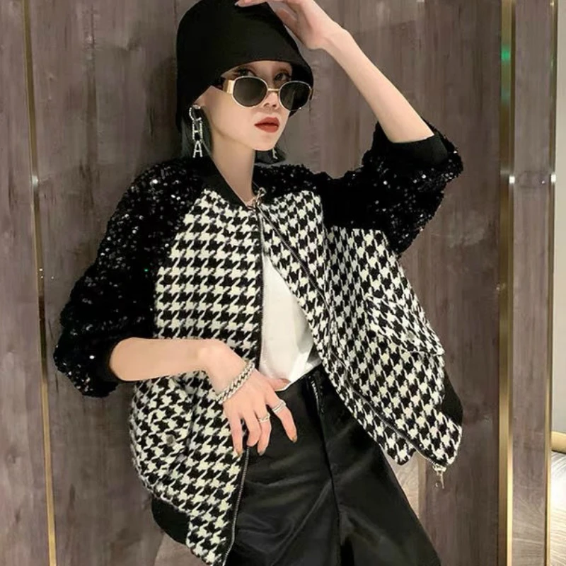 

Women Sequined Woolen Baseball Jacket Plaid Houndstooth Top
