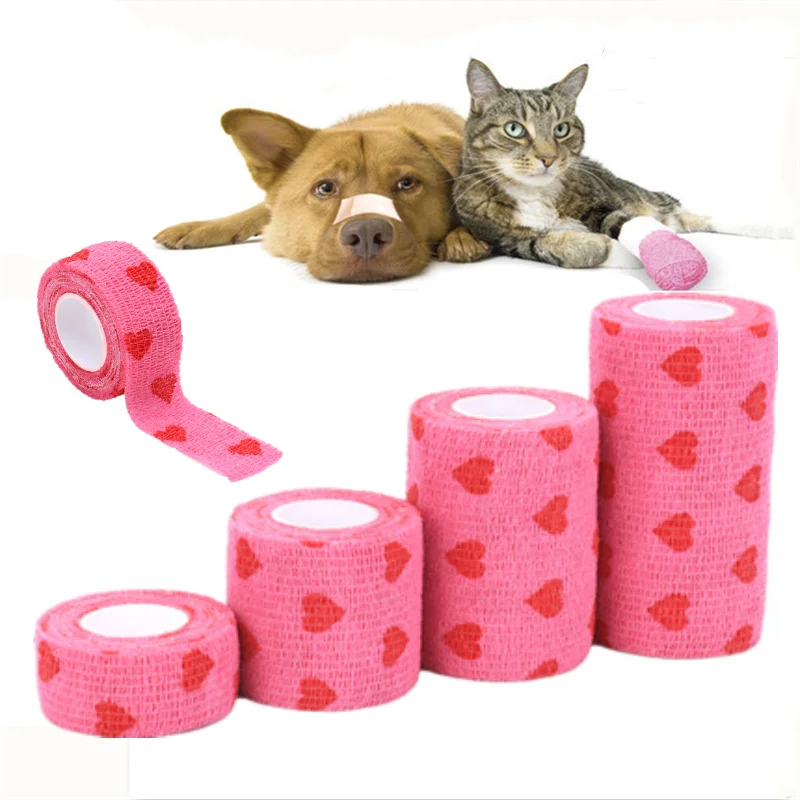 

Non-woven Fabric Breathable Tearing Pet Bandage with Pink Heart Decor Pattern Self-adhesive Elastic Bandage Pet Dog Supplies