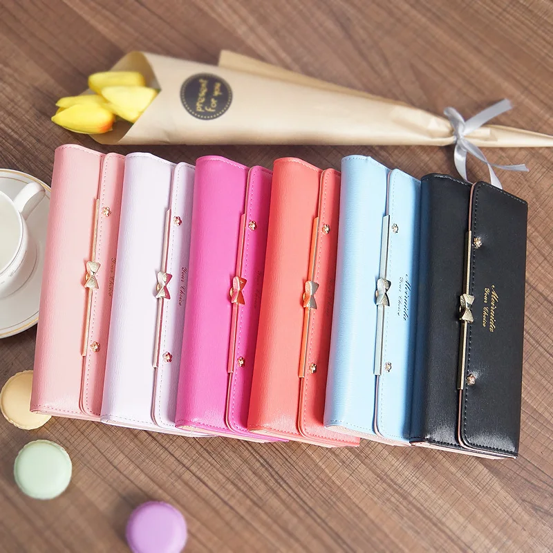 

Cards Holder Wallet Ladies Cute Bowknot Women Long Wallet Pure Color Clutch Bag 2020 New PU Leather Purse Phone Card Holder Bag