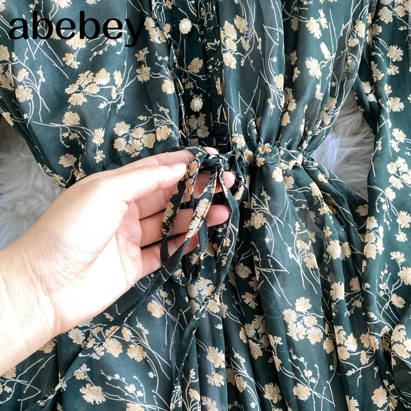 

Fashion new women's floral mosaic dress stand collar A long sleeve chiffon dress women's dress