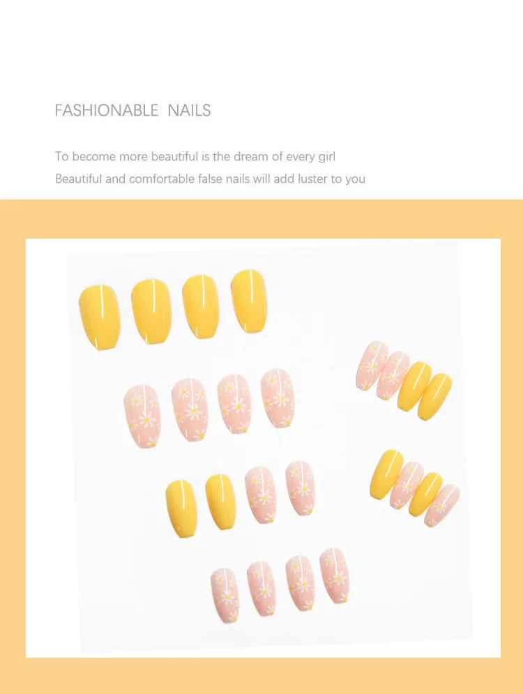 

24pcs Yellow Daisies Printed Nails Patch Glue Type Long Paragraph Removable Fashion Manicure False Nails Patch CIN6 899