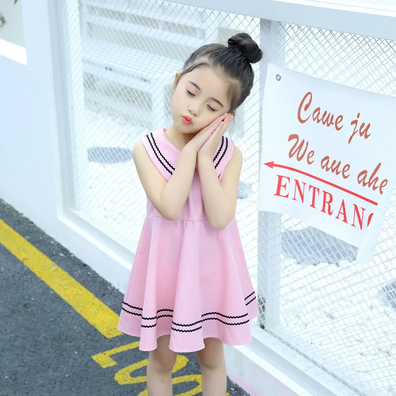 Детское плиссированное платье принцессы школьное из чистого хлопка в морском