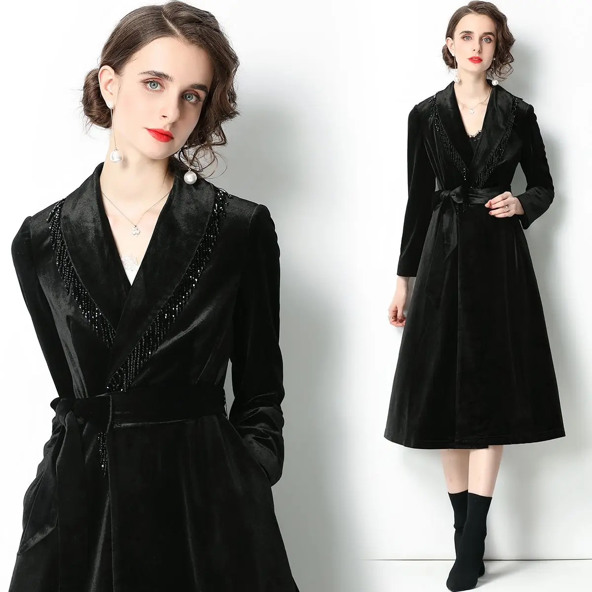 

Women Elegant Notched Luxury Diamonds Tassels Hidden Button Pocket Belt Outwear Winter Black Velvet Suit Long Jacket Coat 1818