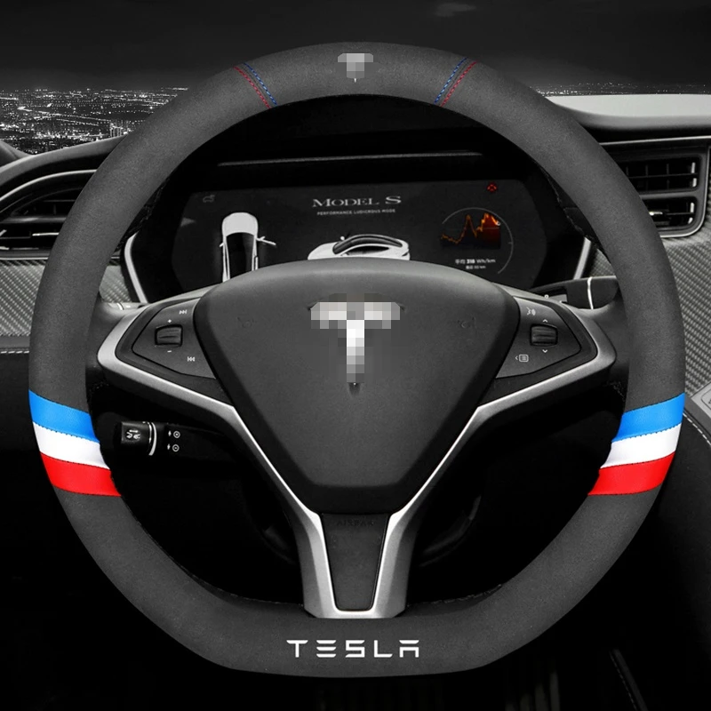 

Для Tesla 3D логотип лазерной печати Спортивная 3-линии корова впитывает пот кожаный чехол рулевого колеса автомобиля подходящая модель 3 S Y мод...