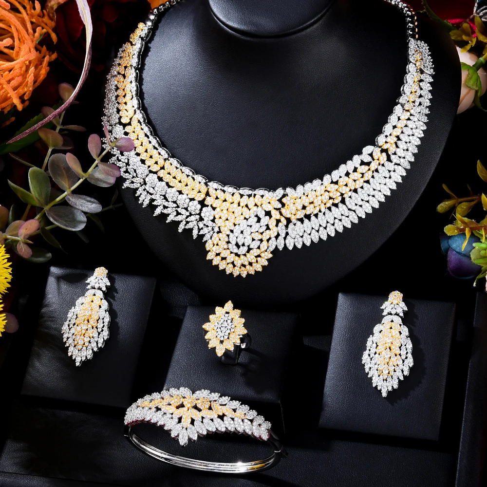 

Blanchette 2021 New High Quality Luxury Zirconia Necklace Earrings Ring Bracelet Set Women's Wedding Party Moroccan Jewelry