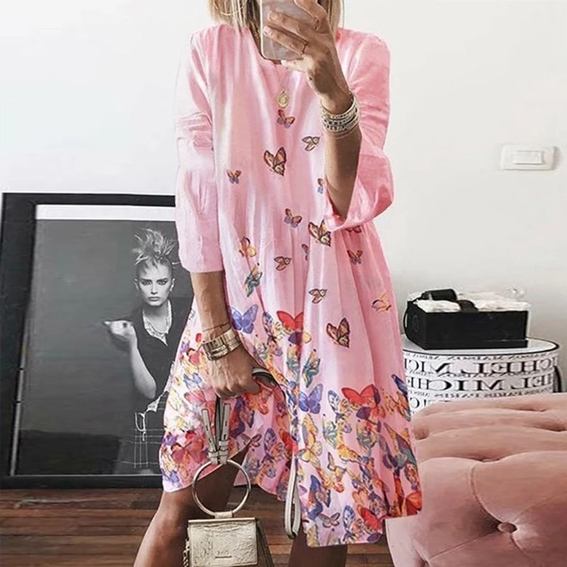 

Women Summer Dress Casual Vintage Floral Printed Sundress Beach Party Half Sleeve Cotton Linen Dress