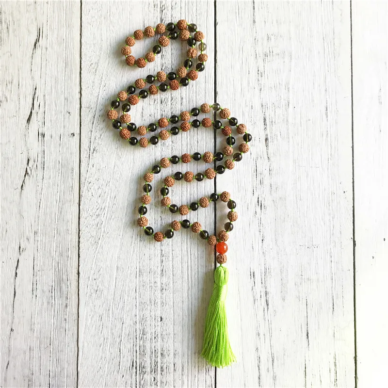 Ожерелье рудракша и смокикварц 108 Мала Бусы ожерелье с кисточкой ювелирные