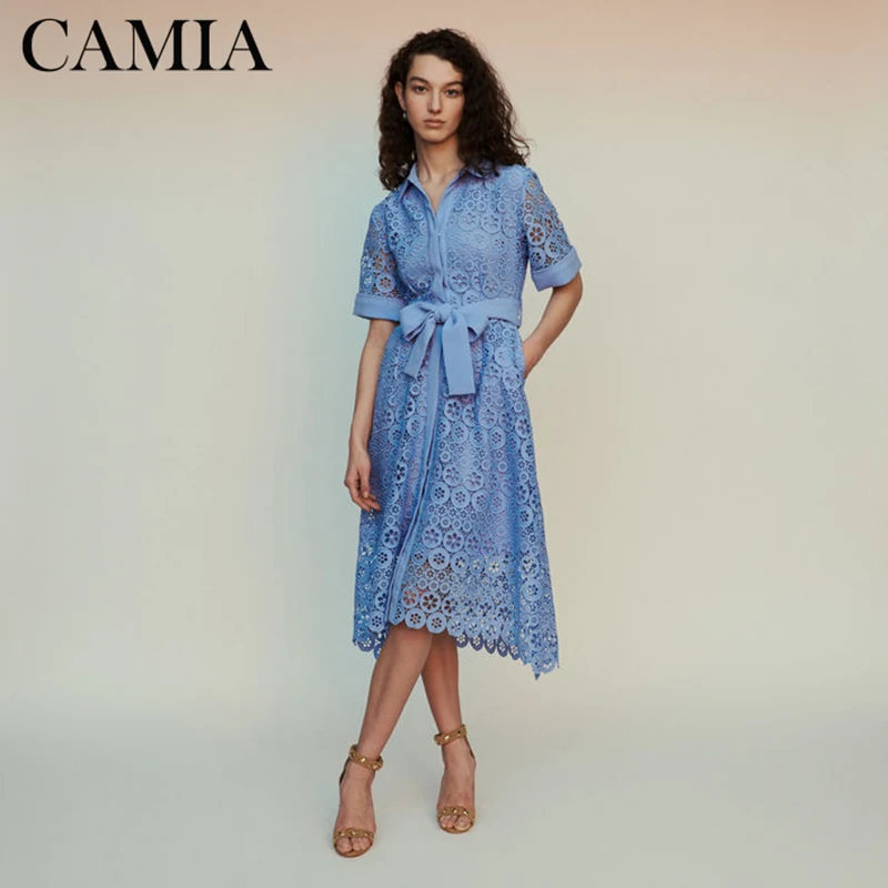 CAMIA/Новинка; летнее женское платье на шнуровке; британская вышивка; кружевное открытое синее платье для женщин