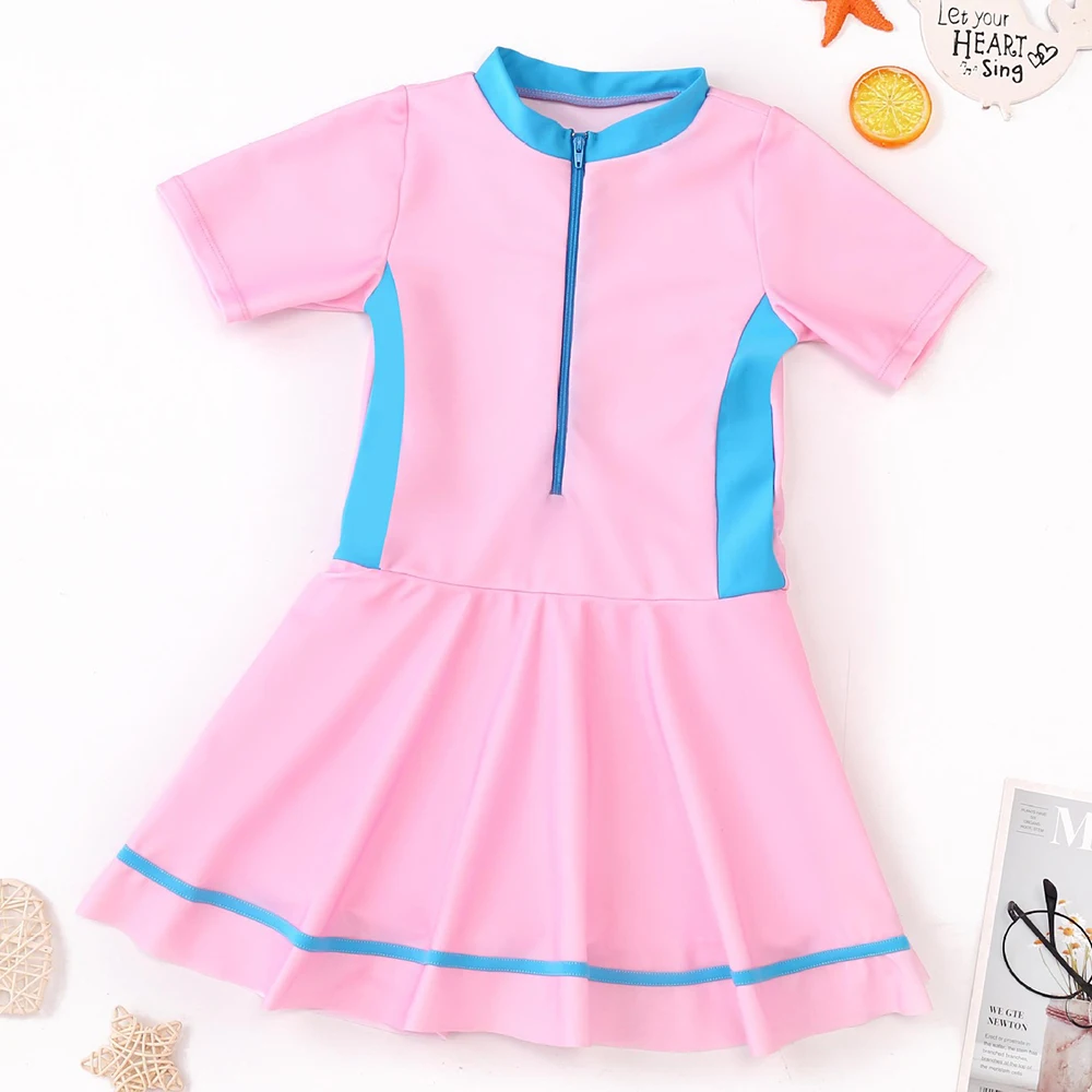

Toddler Girls Short Sleeve Rash Guard Sets Swimdress Suits One Piece Skirt Swimsuit Swimwear UPF 50+ Sun Protection with Zipper