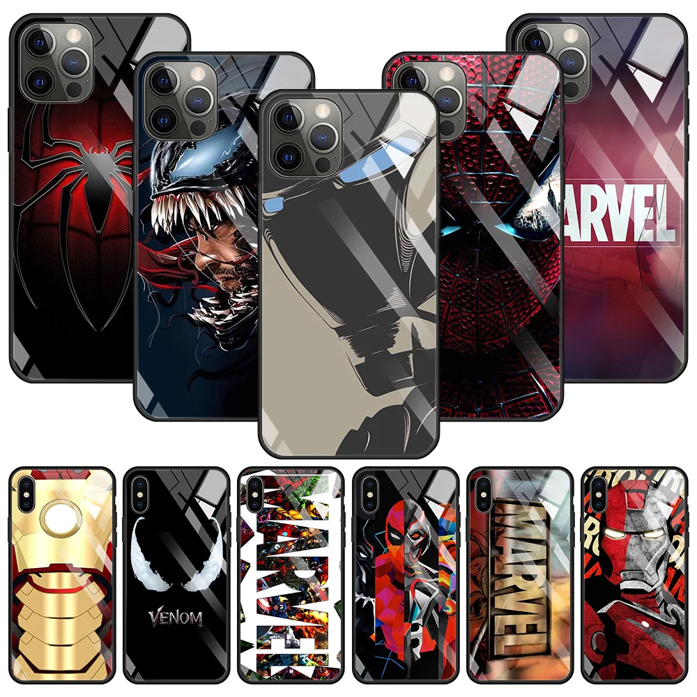 Tempered Glass Case For iPhone 14 13 12 11 Pro Max Mini X XR XS Max 8 7 6s Plus SE 2020 Phone Shell Fundas Marvel Iron Man