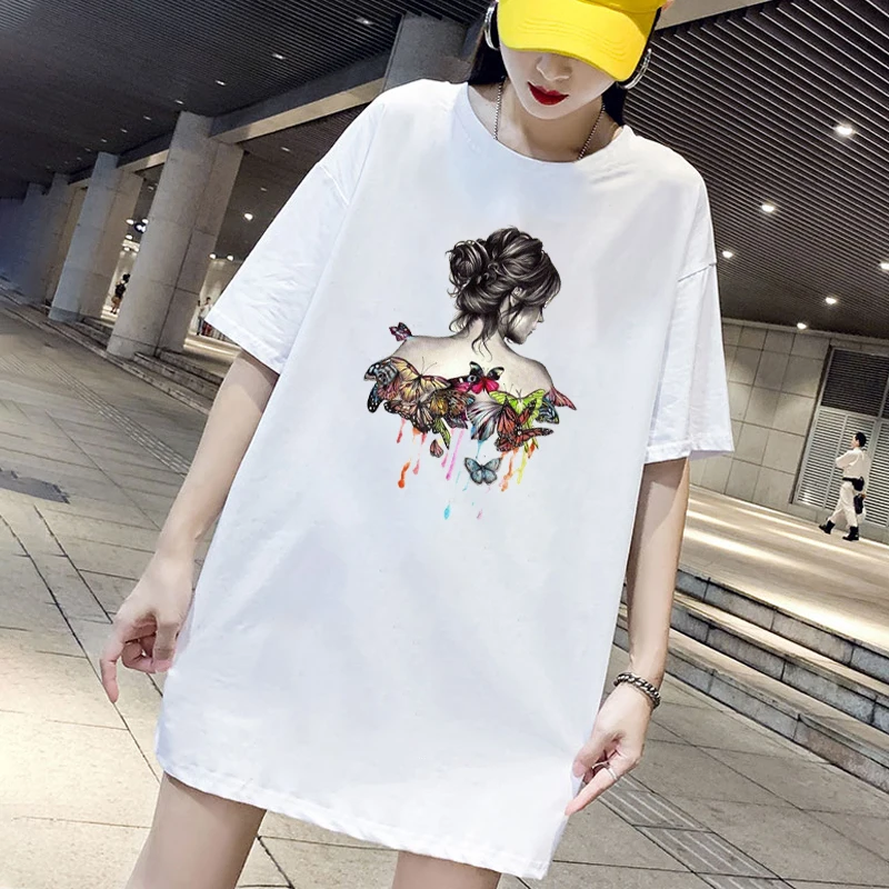 

Summer Dress Butterfly Girl Print Mini Women Loose Vintage T-Shirt Dresses Korean Short Sleeve Streetwear Casual Pullover
