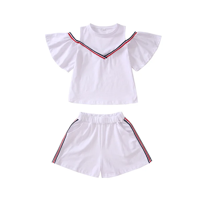 Летняя одежда для девочек новый стиль костюм на бретельках с открытыми плечами