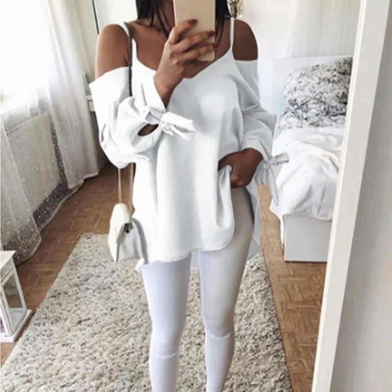 

2020 Summer Women Long-Sleeved Shirts Sexy Sling Off Shoulder V-Neck Bow Tie Sleeve Women Tops Casual Solid Roupa Feminina