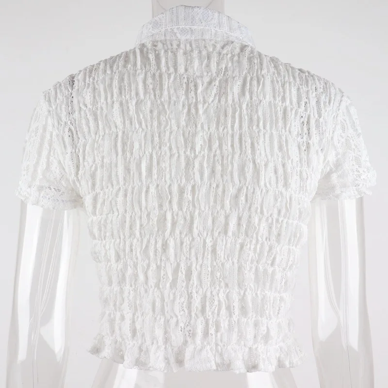 

White Lace Shirts Women Turn-down Collar Short Puff Sleeve Tops Summer Single Breasted See Through Sexy Tee Shirt