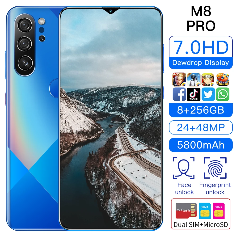 

M8 Pro Universal 5G Smartphones 4G Android 10.0 Core 8 256GB MTK6899 7.0 Inch HD 24+48MP Camera Global Version Cellphones Newest