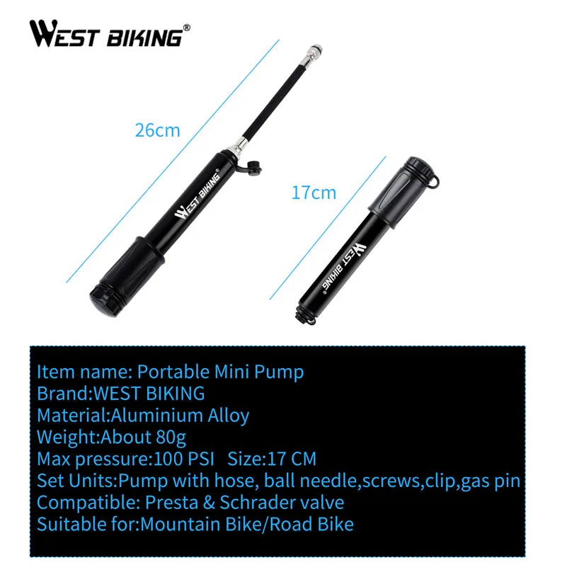 

WEST BIKING120PSI Bicycle Pump Mini MTB Road Bike Pump Cycling Inflator Presta Schrader Valve Hose Pumps Bicycle Accessories
