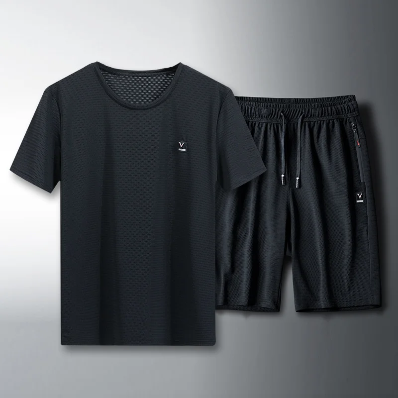 

Костюм спортивный мужской для бега и фитнеса, быстросохнущие большие капри из ледяного шелка с короткими рукавами, костюм для отдыха, лето