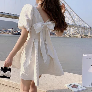 White Elegant Dress Women Square Collar Elegant Vintage Dress Bow
Design Office Lady One Piece Dress Korean 2022 Summer Chic