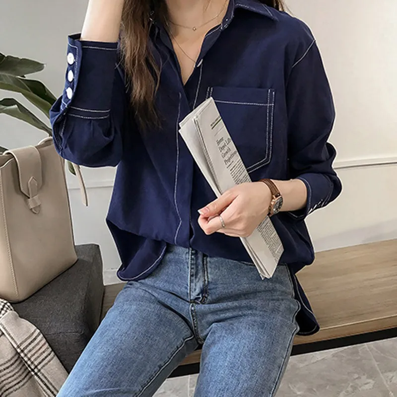 

Women Vintage Blouse Autumn Shirt Long Sleeve Button Pocket Solid Color Casual Retro Female Blouses Fall Clothes Dropshipping